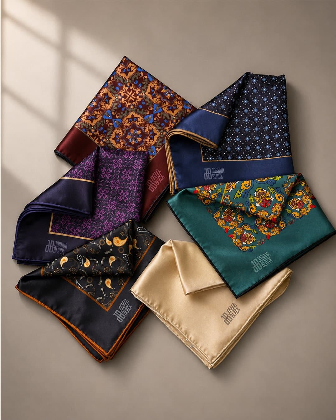 Six pocket squares fanned out: oxblood, navy, violet, emerald, black paisley and champagne