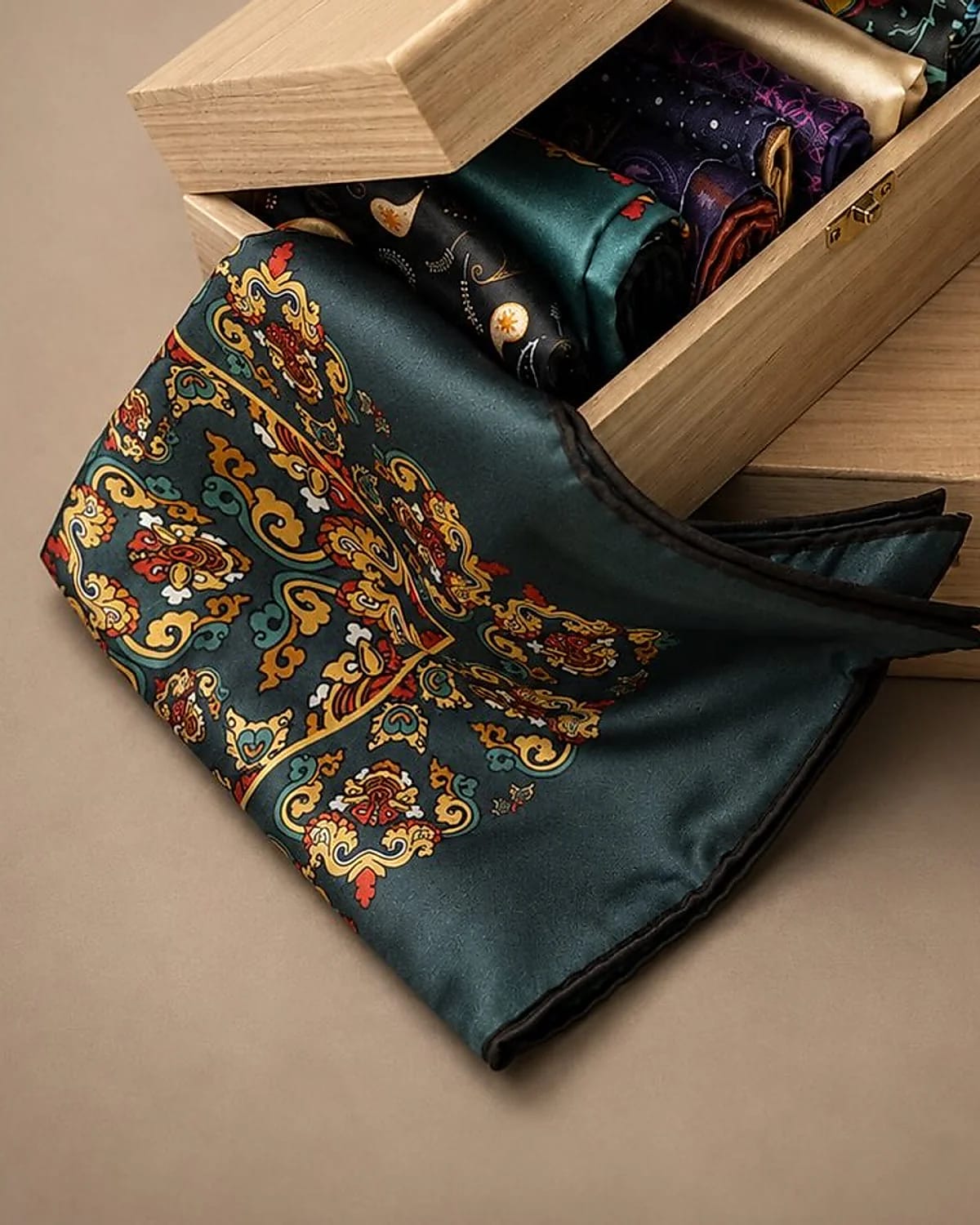 Emerald pocket square with a gold and red medallion print, draped in front of its box