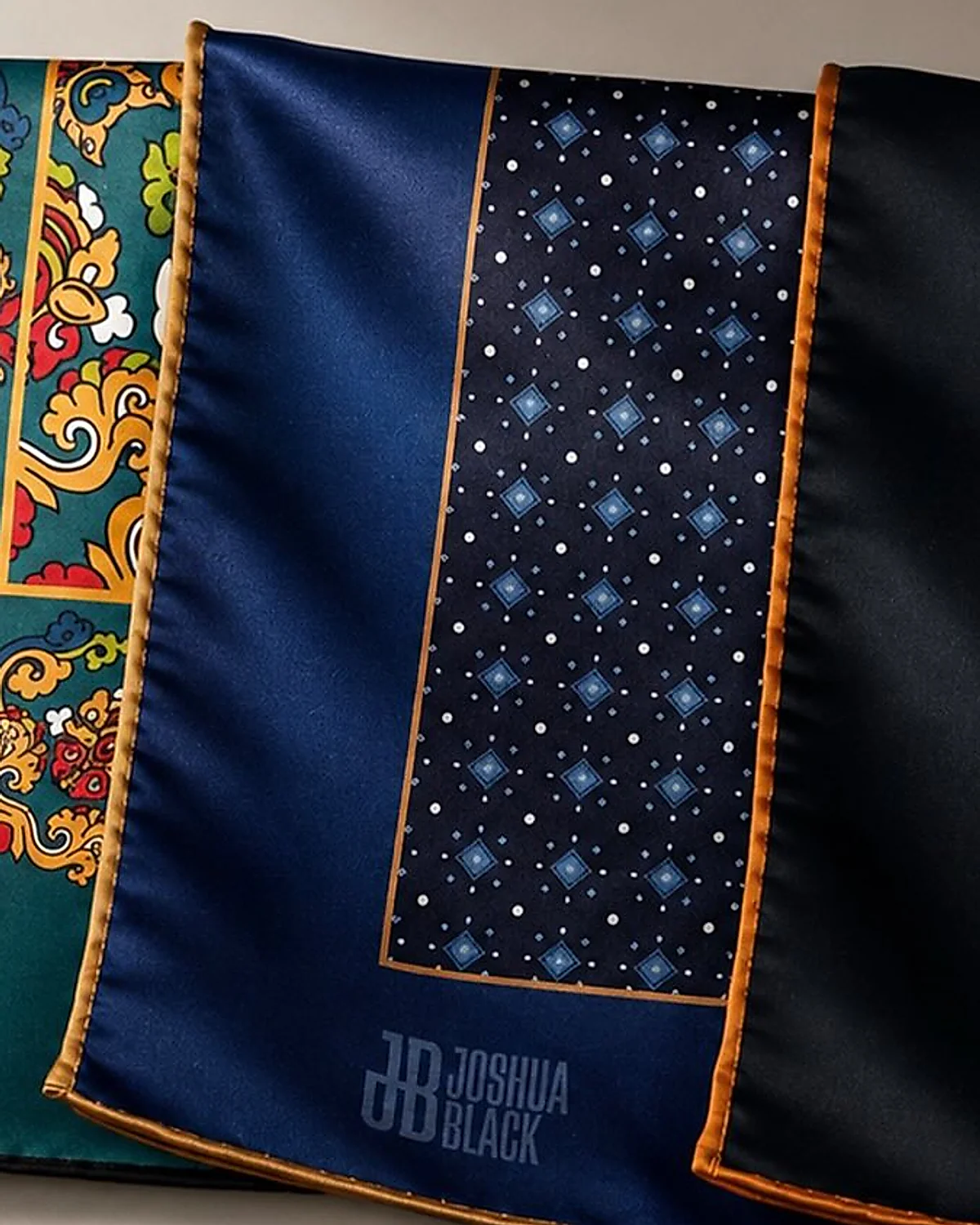 Navy pocket square with a blue diamond and white dot print
